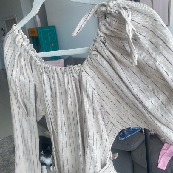 L'Academie The Celine Mini Dress in Beige & Navy Stripe - Picture 7 of 7